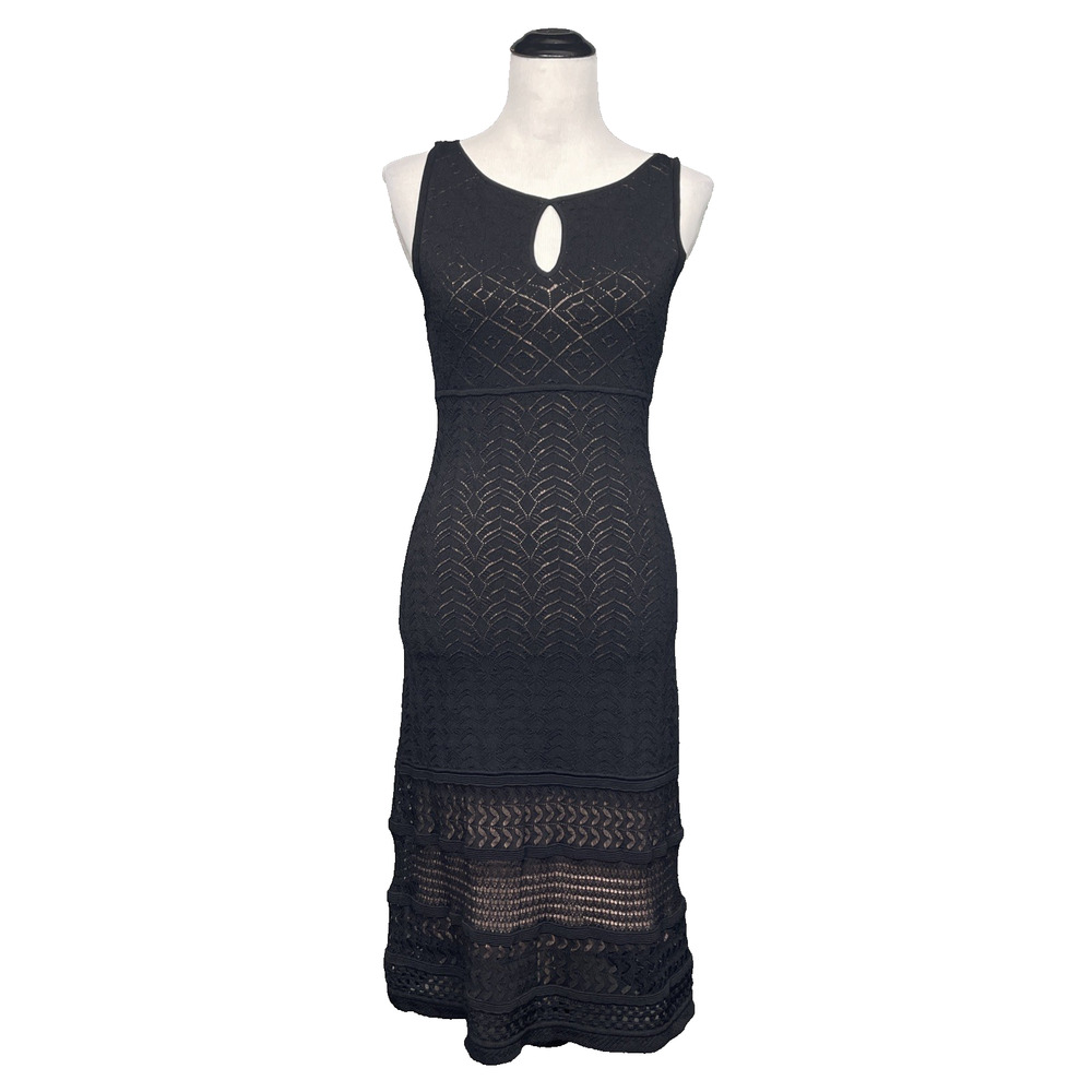 Catherine Malandrino Blk Crochet Knit Midi Dress S/P Slv-less Pointelle Keyhole